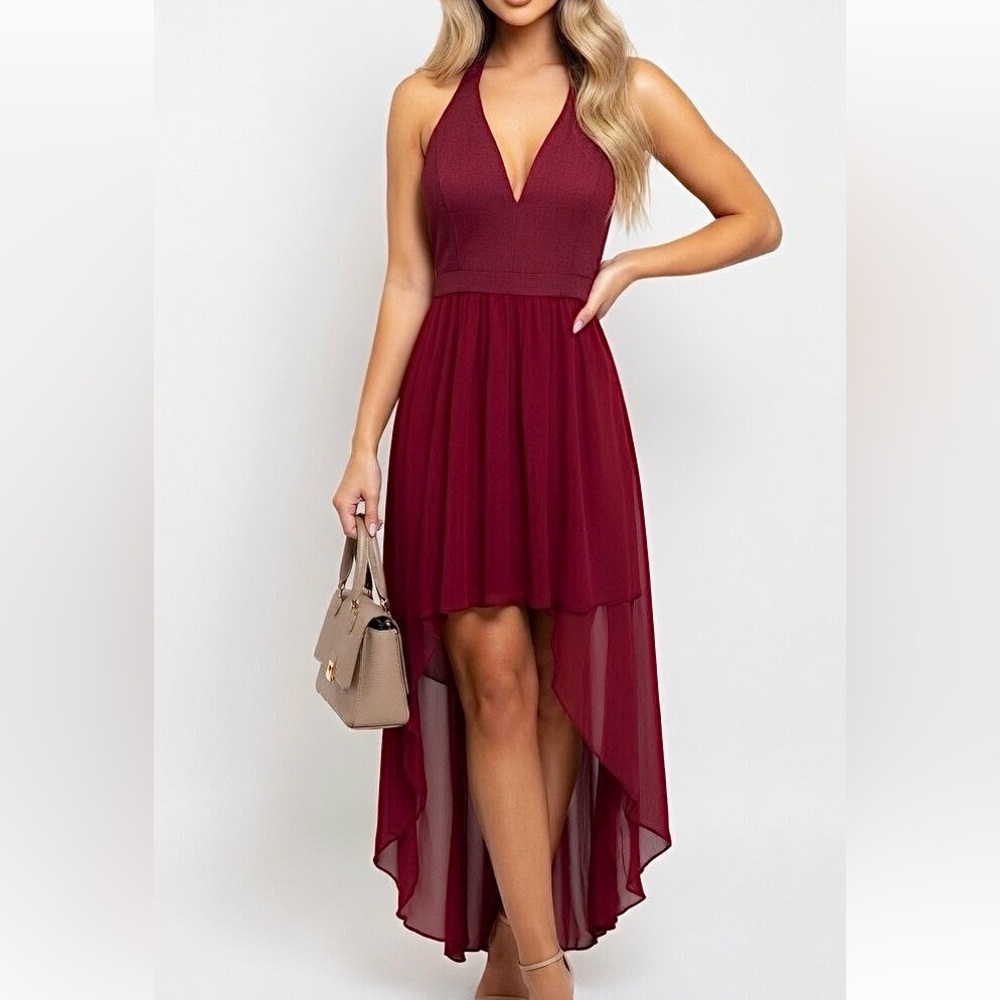 Graceful Burgundy Halter Asymmetrical Dress- Honey & Rosie